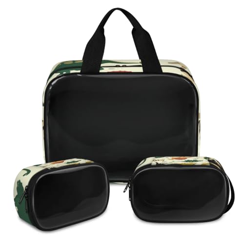 Kosmetiktasche mit niedlichem Dinosaurier-Druck, für Damen und Herren, tropischer Dinosaurier, durchscheinend, Kosmetiktasche, Kulturbeutel, Duschtasche, 3 Stück, Reise-Kulturartikel, von TropicalLife