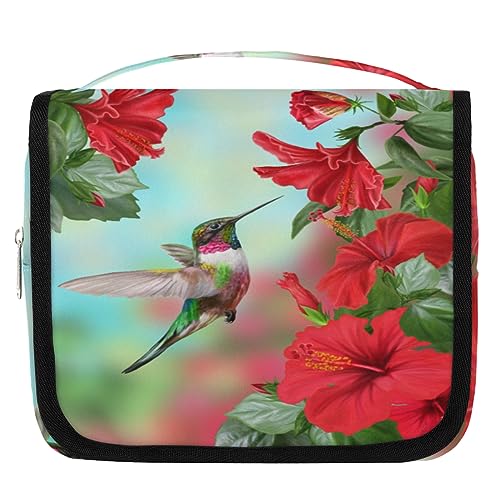 Kulturbeutel mit Kolibri-Hibiskus-Motiv, für Damen und Herren, Kolibri-Waschbeutel, zum Aufhängen, für Toilettenartikel, Kosmetik, Make-up, Organizer, farbe, 4.7 L, Taschen-Organizer von TropicalLife