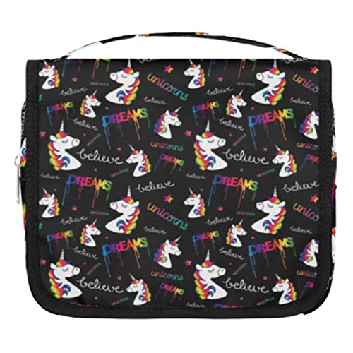 Kulturbeutel zum Aufhängen, Einhorn, schwarzes Einhorn, Reise-Make-up-Kosmetiktasche, hängende Kulturbeutel, Organizer, Tasche mit Haken für Frauen, Männer, Mädchen, Jungen, mehrfarbig, Multicolor von TropicalLife