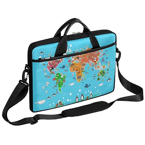 Laptoptasche mit Tierkarte für Damen und Herren, Weltkarte, niedliche Laptop-Hülle, Handtasche, Schultertasche, Aktentasche, 33 cm, 33 cm, 35,6 cm, 38,1 cm, farbig, 13 - 15 in von TropicalLife