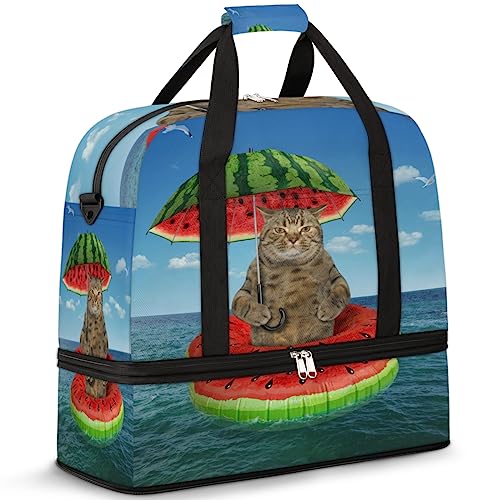 Lustige Katze, faltbare Reisetasche, Regenschirm, Katze, Meer, 47 l, Wochenendtasche mit Trolley-Hülle, nass getrennte Schulter-Tragetasche für Sport, Fitnessstudio, Reisen, multi, 47L, Reisetasche von TropicalLife