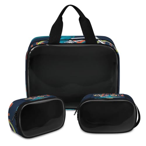 Make-up-Tasche mit Dinosaurier-Fahrradaufdruck, für Damen und Herren, Dinosaurier, lustig, durchscheinend, Kosmetiktasche, Waschbeutel, Duschtasche, 3 Stück, Reise-Kulturartikel, Toilettenartikel, von TropicalLife