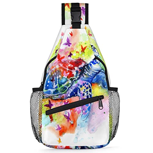 Meeresschildkröte bemalter Schulterrucksack für Herren und Damen, bunte Schildkröte, Umhängetasche, Brusttasche für Reisen, Wandern, lässiger Tagesrucksack, Rucksack, multi, 35,6 cm, Sling Rucksack von TropicalLife