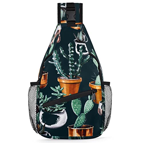 Moderne Kunst Kaktus Sling Rucksack Herren Damen Kaktus Crossbody Schultertasche Brusttasche für Reisen Wandern Freizeit Tagesrucksack Rucksack, multi, 35,6 cm, Sling Rucksack von TropicalLife