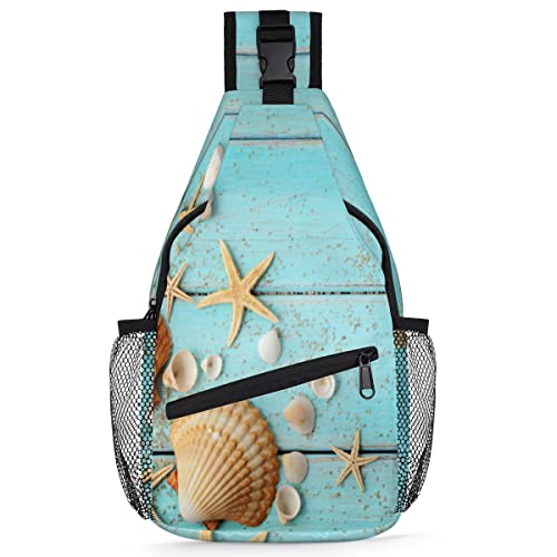 Muscheln, Seestern, blau, Sling-Rucksack, Herren, Damen, Seestern, Umhängetasche, Brusttasche für Reisen, Wandern, lässiger Tagesrucksack, Rucksack, multi, 35,6 cm, Sling Rucksack von TropicalLife