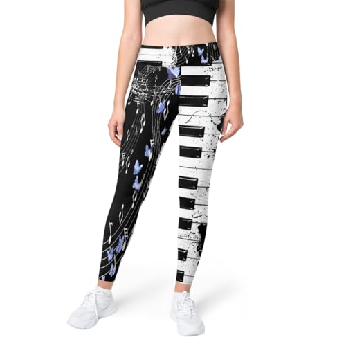 Music Note Piano Butterfly Damen Lange Yogahose (S-Code) Hohe Taille Stretch Fitnesshose Damen Sport Gym Leggings Laufhose, farbig, M von TropicalLife