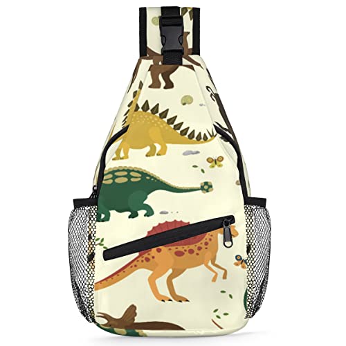 Niedlicher Dinosaurier-Druck, Schulterrucksack für Herren und Damen, tropischer Dinosaurier, Umhängetasche, Brusttasche für Reisen, Wandern, lässiger Tagesrucksack, Rucksack, multi, 35,6 cm, Sling Rucksack von TropicalLife