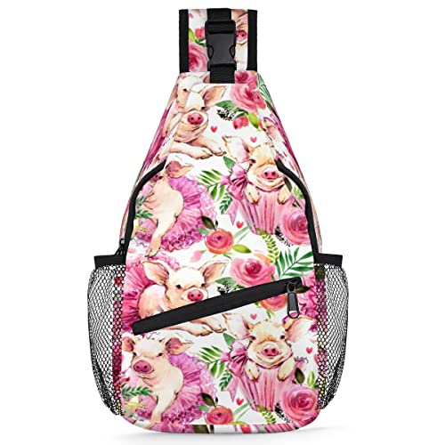 Niedlicher Schweine-Blumen-Rucksack für Herren und Damen, Schweine, Umhängetasche für Reisen, Wandern, lässiger Tagesrucksack, multi, 35,6 cm, Sling Rucksack von TropicalLife