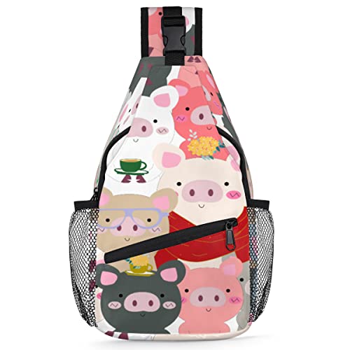 Niedlicher Schweine-Familien-Rucksack für Herren und Damen, buntes Schwein, Umhängetasche für Reisen, Wandern, lässiger Tagesrucksack, Rucksack, multi, 35,6 cm, Sling Rucksack von TropicalLife