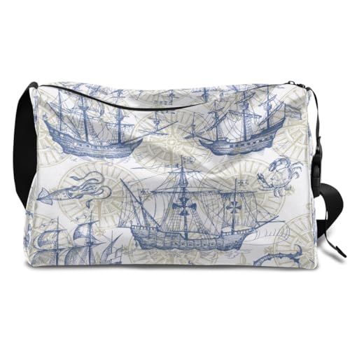 Old Sailboat Monster Maps Leder Duffle Bag für Mann Frau Jungen Mädchen Segelboot Wochenende Übernachtung Sport Gym Bag Reisetasche Single Shoulder Crossbody Handtasche, farbe, 18.5L, von TropicalLife