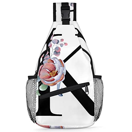 Personalisierte Buchstaben K Sling Rucksack Herren Damen Blumen Crossbody Schultertasche Brusttasche für Reisen Wandern Freizeit Tagesrucksack Rucksack, multi, 35,6 cm, Sling Rucksack von TropicalLife