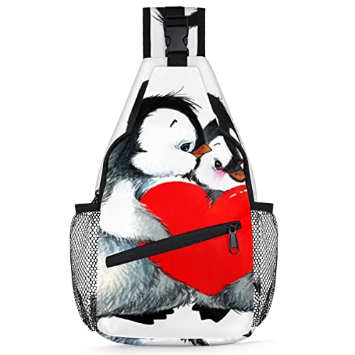 Pinguin-Rucksack für Herren und Damen, Pinguin, Liebe, Herz-Druck, Crossbody-Schultertasche, Brusttasche für Reisen, Wandern, lässiger Tagesrucksack, Rucksack, multi, 35,6 cm, Sling Rucksack von TropicalLife