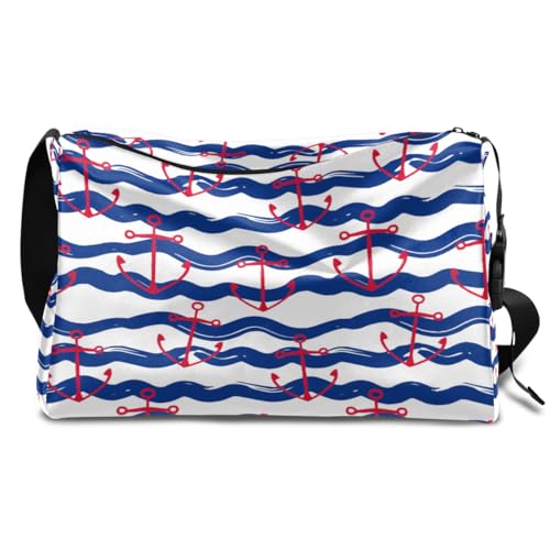 Red Anchor Blue Waves Leder Duffle Bag für Mann Frau Jungen Mädchen Anker Wochenende Übernachtung Sport Gym Bag Reisetasche Single Shoulder Crossbody Handtasche, farbe, 18.5L, Taschen-Organizer von TropicalLife