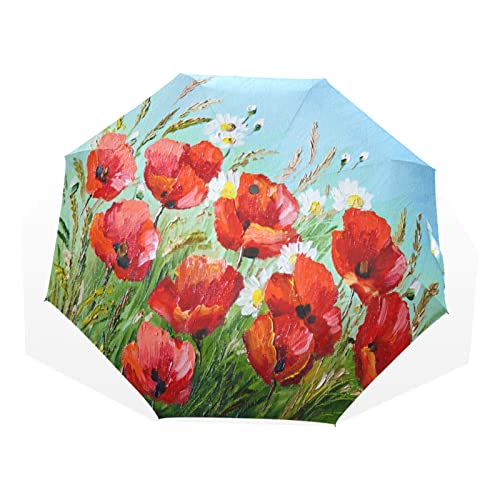 Regenschirm, Mohnblume, Gänseblümchen, Blumen, Blätter, winddicht, 3-fach gefaltet, für Damen, Herren, Mädchen, Jungen, Unisex, ultraleicht, Outdoor-Reisen, kompakter Regenschirm von TropicalLife