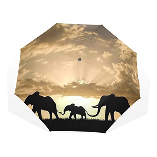 Regenschirm Afrikanischer Sonnenuntergang Elefant Tier Familie Winddicht 3 Falten Regenschirm für Damen Herren Mädchen Jungen Unisex Ultraleicht Outdoor Reise Kompakter Regenschirm von TropicalLife