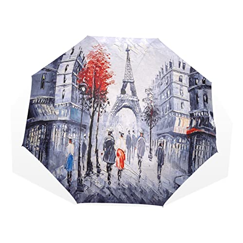 Regenschirm Art Paintng Paris Eiffelturm Winddicht 3 Falten Regenschirm für Damen Herren Mädchen Jungen Unisex Ultraleicht Outdoor Reise Kompakter Regenschirm von TropicalLife