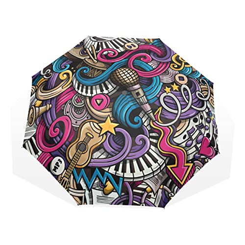 Regenschirm Comics Rock Music Note Gitarre Winddicht 3 Falten Regenschirm für Damen Herren Mädchen Jungen Unisex Ultraleicht Outdoor Reise Kompakter Regenschirm von TropicalLife
