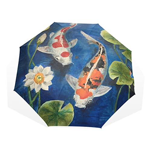 Regenschirm Japanischer Fisch Lotus Blätter Winddicht 3 Falten Regenschirm für Damen Herren Mädchen Jungen Unisex Ultraleicht Outdoor Reise Kompakter Regenschirm von TropicalLife