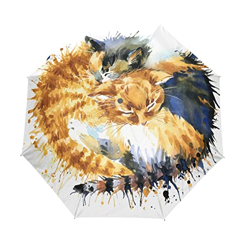 Regenschirm Katze Tier Kunst Malerei Winddicht 3 Falten Regenschirm Auto Öffnen Schließen für Frauen Männer Mädchen Jungen Unisex Ultraleicht Outdoor Reise Kompakt Regenschirm von TropicalLife