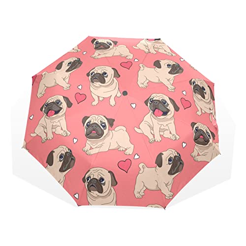 Regenschirm Liebe Herz Mops Hund Tier Winddicht 3 Falten Regenschirm für Frauen Männer Mädchen Jungen Unisex Ultraleicht Outdoor Reise Kompakter Regenschirm von TropicalLife