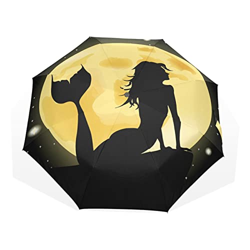 Regenschirm Mond Stern Tier Meerjungfrau Winddicht 3 Falten Regenschirm für Damen Herren Mädchen Jungen Unisex Ultraleicht Outdoor Reise Kompakter Regenschirm von TropicalLife