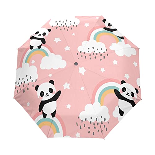 Regenschirm Regenbogen Stern Niedlicher Panda Winddicht 3 Falten Regenschirm Auto Öffnen Schließen für Frauen Männer Mädchen Jungen Unisex Ultraleicht Outdoor Reise Kompakter Regenschirm von TropicalLife