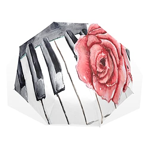 Regenschirm Rose Blume Musik Klavier Winddicht 3 Falten Regenschirm für Damen Herren Mädchen Jungen Unisex Ultraleicht Outdoor Reise Kompakter Regenschirm von TropicalLife