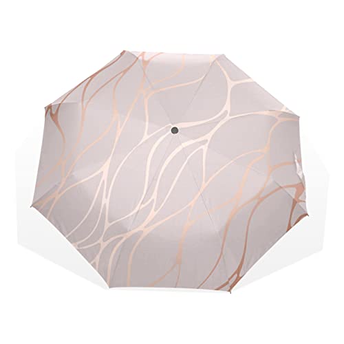 Regenschirm Rose Gold Marmor Linien Druck Winddicht 3 Falten Regenschirm für Damen Herren Mädchen Jungen Unisex Ultraleicht Outdoor Reise Kompakter Regenschirm von TropicalLife