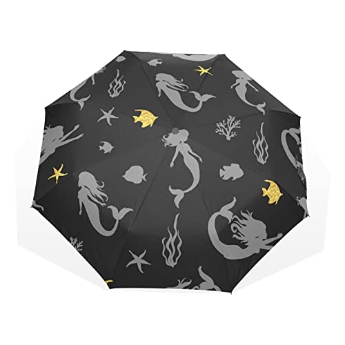 Regenschirm Tropische Fische Tier Meerjungfrau Winddicht 3 Falten Regenschirm für Damen Herren Mädchen Jungen Unisex Ultraleicht Outdoor Reise Kompakter Regenschirm von TropicalLife