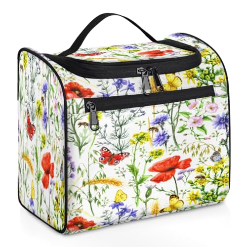 Reise-Make-up-Tasche mit Blumenmuster für Damen, Herren, Mädchen, Jungen, Blumen-Bienen, Schmetterlinge, 11,2 l, Kulturbeutel, Kulturbeutel, Kulturbeutel, Kulturbeutel, Kosmetik-Organizer, von TropicalLife