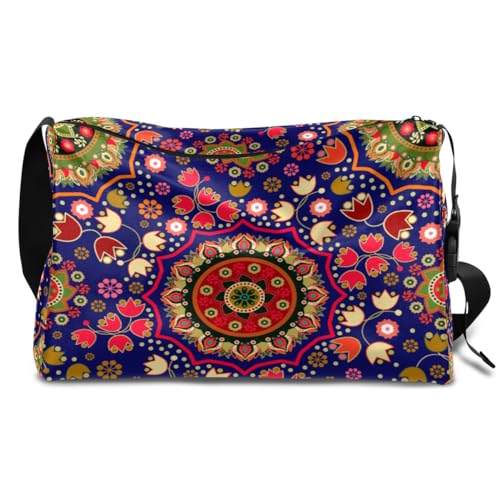 Reisetasche aus Leder mit indischem Blumenmuster, für Herren, Damen, Jungen, Mädchen, Mandala-Blumenmuster, Wochenende, Übernachtung, Sport, Sporttasche, Reisetasche, einzelne Schultertasche, von TropicalLife