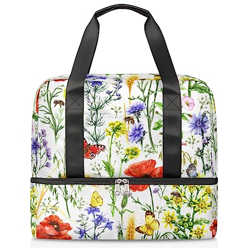 Reisetasche mit Blumenmuster, 21 l, florales Bienen, Schmetterlinge, Wochenendtasche mit Trolley-Hülle, nasse getrennte Sporttasche, Fitnessstudio, Reisetasche für Männer und Frauen, Wochenendtasche, multi, 21L, Reisetasche von TropicalLife