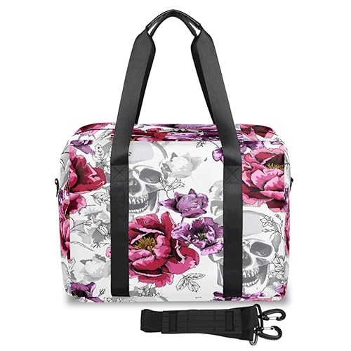 Reisetasche mit Totenköpfen für Damen und Herren, Blumenmuster, Totenköpfe, Wochenend-Übernachtungstasche, 32 l, große Kabine, Tragetasche für Reisen, Sport, Fitnessstudio, farbe, 32 L, von TropicalLife