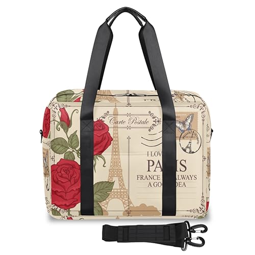 Retro Paris Rosen Postkarte Reisetasche für Damen Herren Paris Wochenende Übernachtung Tasche 32L Große Kabine Holdall Tragetasche für Reisen Sport Fitnessstudio, farbe, 32 L, Taschen-Organizer von TropicalLife