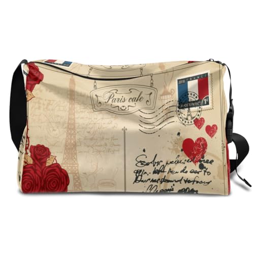 Retro Postkarte Paris Leder Duffle Bag für Mann Frau Jungen Mädchen Frankreich Paris Wochenende Übernachtung Sport Turnbeutel Reisetasche Single Shoulder Crossbody Handtasche, farbe, 18.5L, von TropicalLife