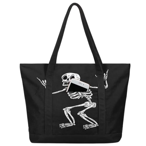 Rock-Skelett-Handtasche für Damen, Mädchen, lustige Skelett-Schultertasche, Segeltuch, 22 l, große Kapazität, Reißverschluss, Einkaufstasche für Schule, Reisen, Arbeit, farbig, big von TropicalLife