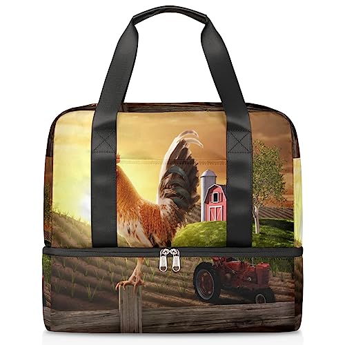 Rooster Reisetasche 21L Bauernhaus Bauernland Hahn Wochenende Tasche Nass Getrennte Sporttasche Gym Reisetasche für Männer Frauen Weekender Tasche, multi, 21L, Reisetasche von TropicalLife