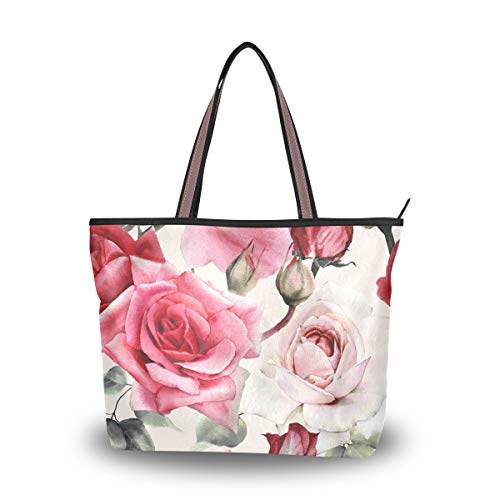 Rootti Damen Handtasche mit Reißverschluss Blomm Rose Muster Große Tote Taschen Schultertaschen für Damen Mädchen Wiederverwendbar Arbeit Reisen Einkaufen Henkeltaschen von TropicalLife