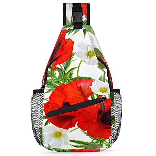 Rote Mohnblumen Blätter Sling Rucksack Herren Damen Mohnblumen Umhängetasche Brusttasche für Reisen Wandern Freizeit Tagesrucksack Rucksack, multi, 35,6 cm, Sling Rucksack von TropicalLife