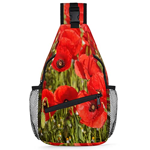 Rote Mohnblumen-Schultertasche für Herren und Damen, tropische Mohnblumen, Umhängetasche für Reisen, Wandern, lässiger Tagesrucksack, Rucksack, multi, 35,6 cm, Sling Rucksack von TropicalLife