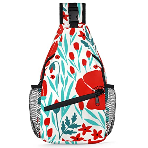 Rote Mohnblumen-Schultertasche für Herren und Damen, tropische Mohnblumen, Umhängetasche für Reisen, Wandern, lässiger Tagesrucksack, Rucksack, multi, 35,6 cm, Sling Rucksack von TropicalLife