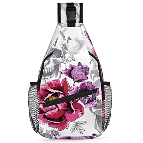 Schädel-Rucksack für Herren und Damen, florales Blumenmuster, Totenköpfe, Umhängetasche, Brusttasche für Reisen, Wandern, lässiger Tagesrucksack, Rucksack, multi, 35,6 cm, Sling Rucksack von TropicalLife