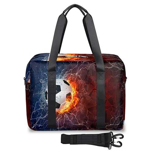 Soccer Travel Duffel Bags for Women Men Soccer Fire and Water Weekend Overnight Bag 32 L Large Cabin Holdall Tote Bag for Travel Sports Gym, farbe, 32 L, Taschen-Organizer von TropicalLife