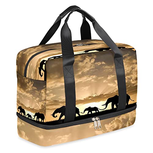 Sporttasche mit Schuhfach, Afrika, Elefant, Familie, Sonnenuntergang, Fitnessstudio, Tragetasche, leicht, Reisetasche, wasserdicht, für Damen und Herren von TropicalLife