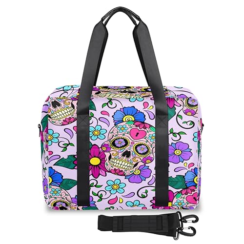 Sugar Skull Flower Travel Duffel Bags for Women Men Skull Designs Weekend Overnight Bag 32L Large Cabin Holdall Tote Bag for Travel Sports Gym, farbe, 32 L, Taschen-Organizer von TropicalLife