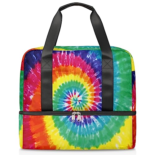 Tie Dye Regenbogen Reisetasche 21L Abstrakt Regenbogen Wochenende Tasche Nass Getrennte Sporttasche Gym Reisetasche für Männer Frauen Weekender Tasche, multi, 21L, Reisetasche von TropicalLife