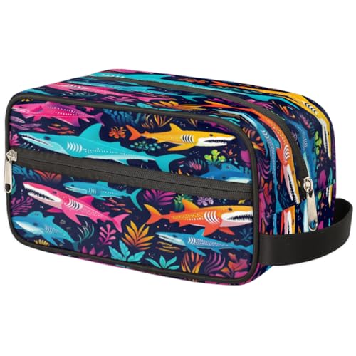 Tragbare Reise Kulturbeutel Ozean Meer Hai Blätter Make-up Organizer Tasche Waschbeutel Große Toilettenartikel Kosmetik Fall für Frauen Männer Mädchen Junge, mehrfarbig, 10.5x4.4x5.3inch von TropicalLife