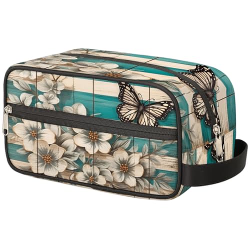 Tragbare Reise Kulturbeutel Retro Schmetterling Blaugrün Holz Blume Make-up Organizer Tasche Waschbeutel Große Toilettenartikel Kosmetikkoffer für Frauen Männer Mädchen Jungen, mehrfarbig, von TropicalLife