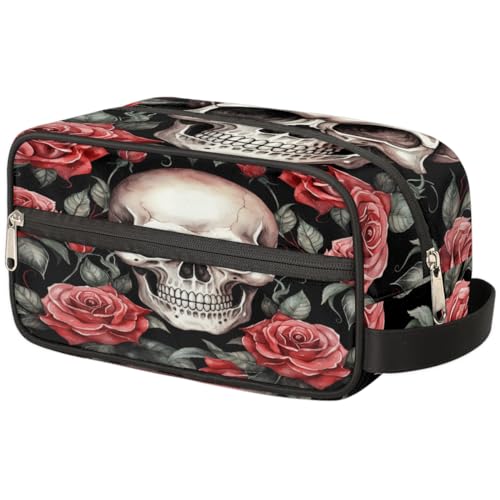 Tragbare Reise Kulturbeutel Rose Blume Schädel Floral Skelett Make-up Organizer Tasche Waschbeutel Große Toilettenartikel Kosmetikkoffer für Frauen Männer Mädchen Jungen, mehrfarbig, 10.5x4.4x5.3inch von TropicalLife