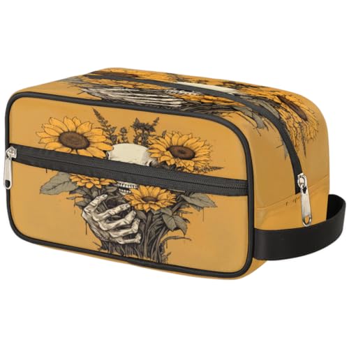 Tragbare Reise Kulturbeutel Sonnenblume Schädel Floral Skelett Make-up Organizer Tasche Waschbeutel Große Toilettenartikel Kosmetik Fall für Frauen Männer Mädchen Junge, mehrfarbig, 10.5x4.4x5.3inch von TropicalLife